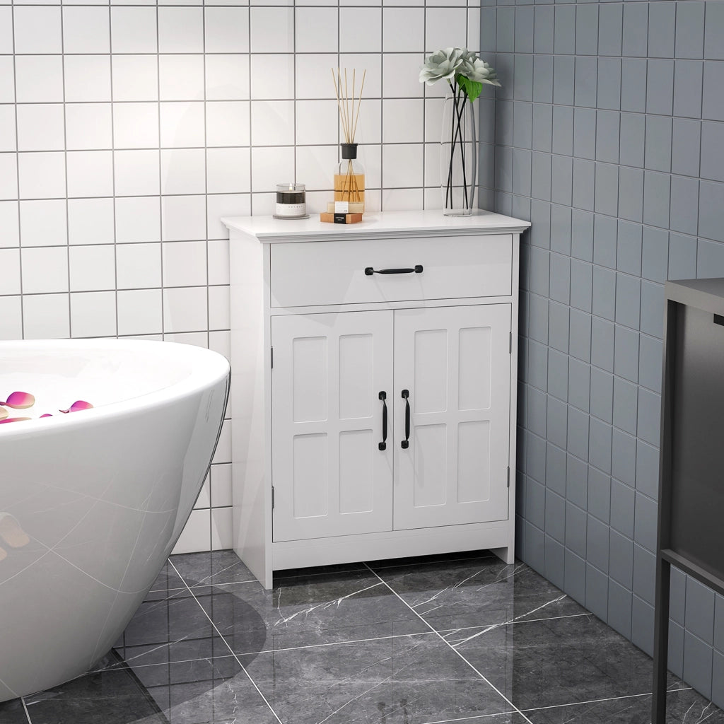 Armadietto da Bagno con Ante, Cassetto e Ripiano Regolabile ¨C Zephmum ¨C Bianco 60x30x75 cm