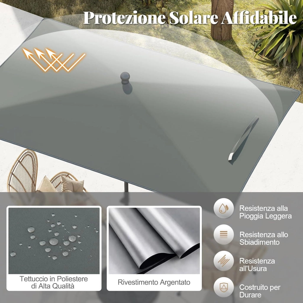 Ombrellone per Patio 213 X 140 cm, Ombrellone Rettangolare da Esterno con Inclinazione Regolabile, Borsa di Trasporto, Parasole Pieghevole per Veranda, Giardino, Piscina, Spiaggia (Grigio)