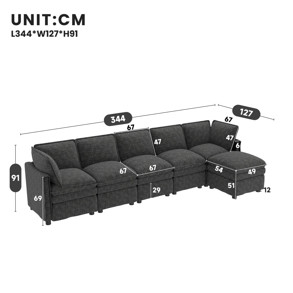 Divano modulare XXL 6 posti con funzione letto e pouf mobile componibile a U o L in chenille grigio 344 × 127 × 91 cm