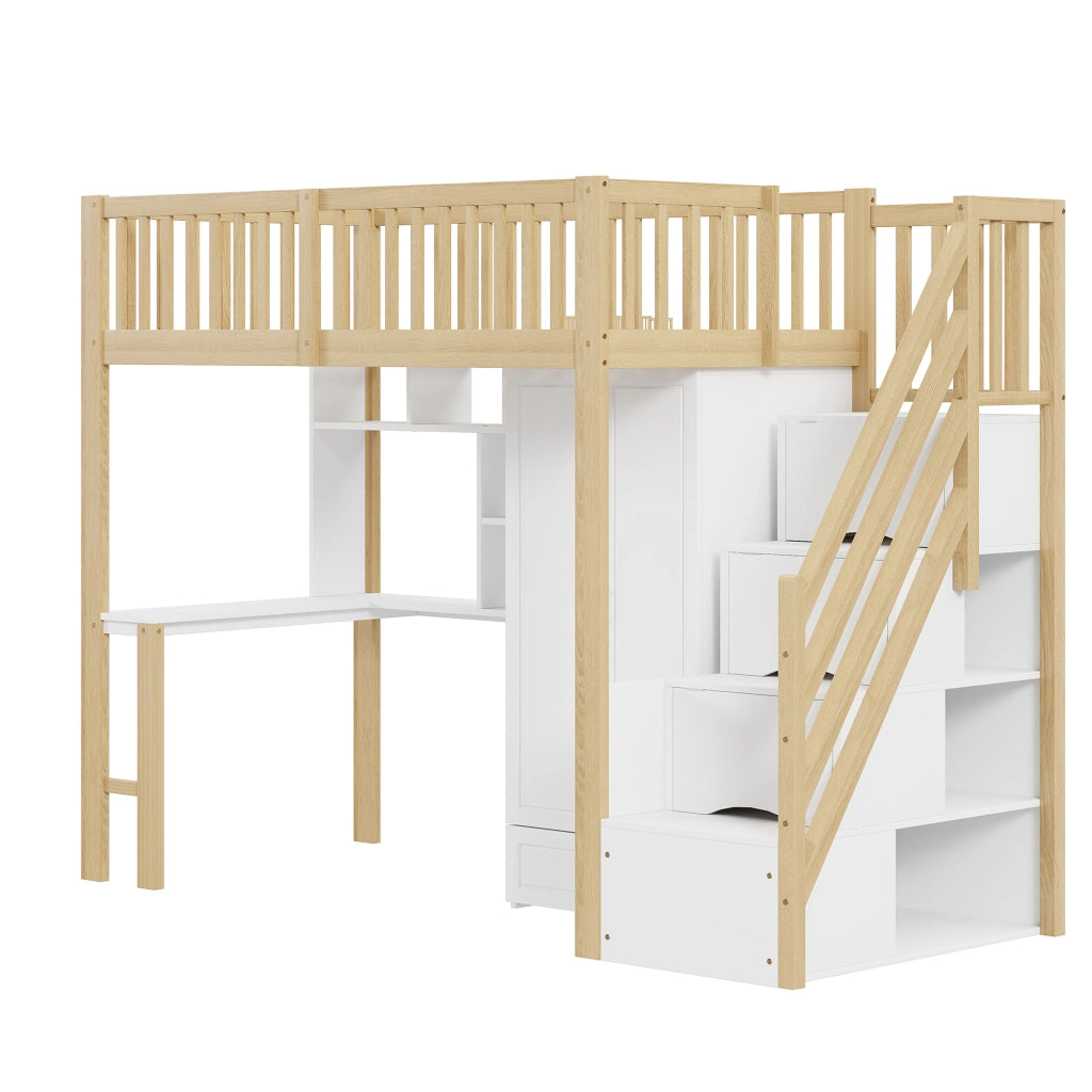 OKWISH Letto a Soppalco 90×200 cm, Letto Singolo con Scala con Cassetti, Armadio, Scrivania e Mensole, senza Materasso, Legno