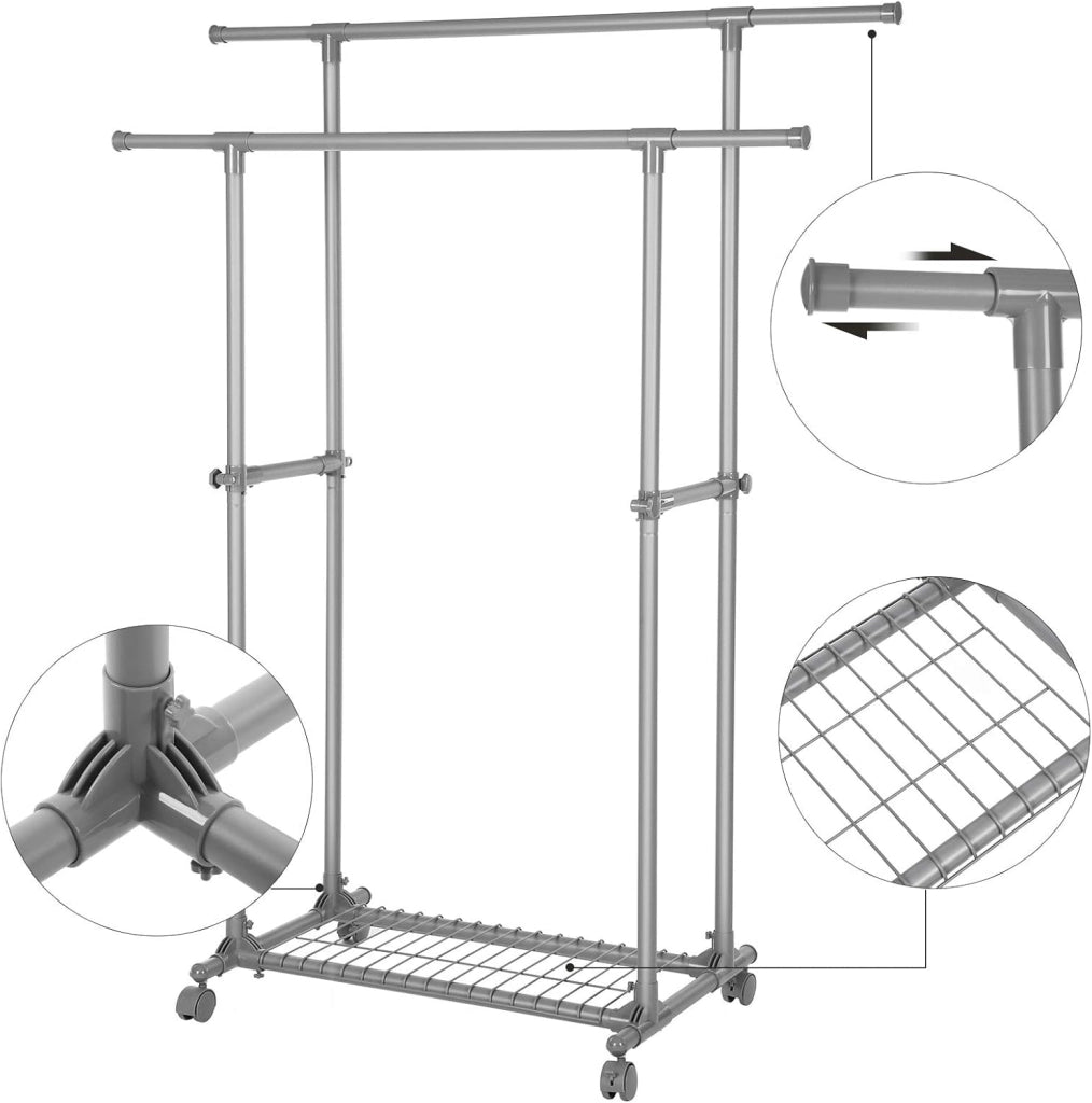 SONGMICS Appendiabiti a doppia barra, portaabiti, mobile estensibile tra 87 e 150 cm, con ruote e ripiano portaoggetti, capacità di carico 70 kg, per cappotti, sciarpe, grigio LLR13GY