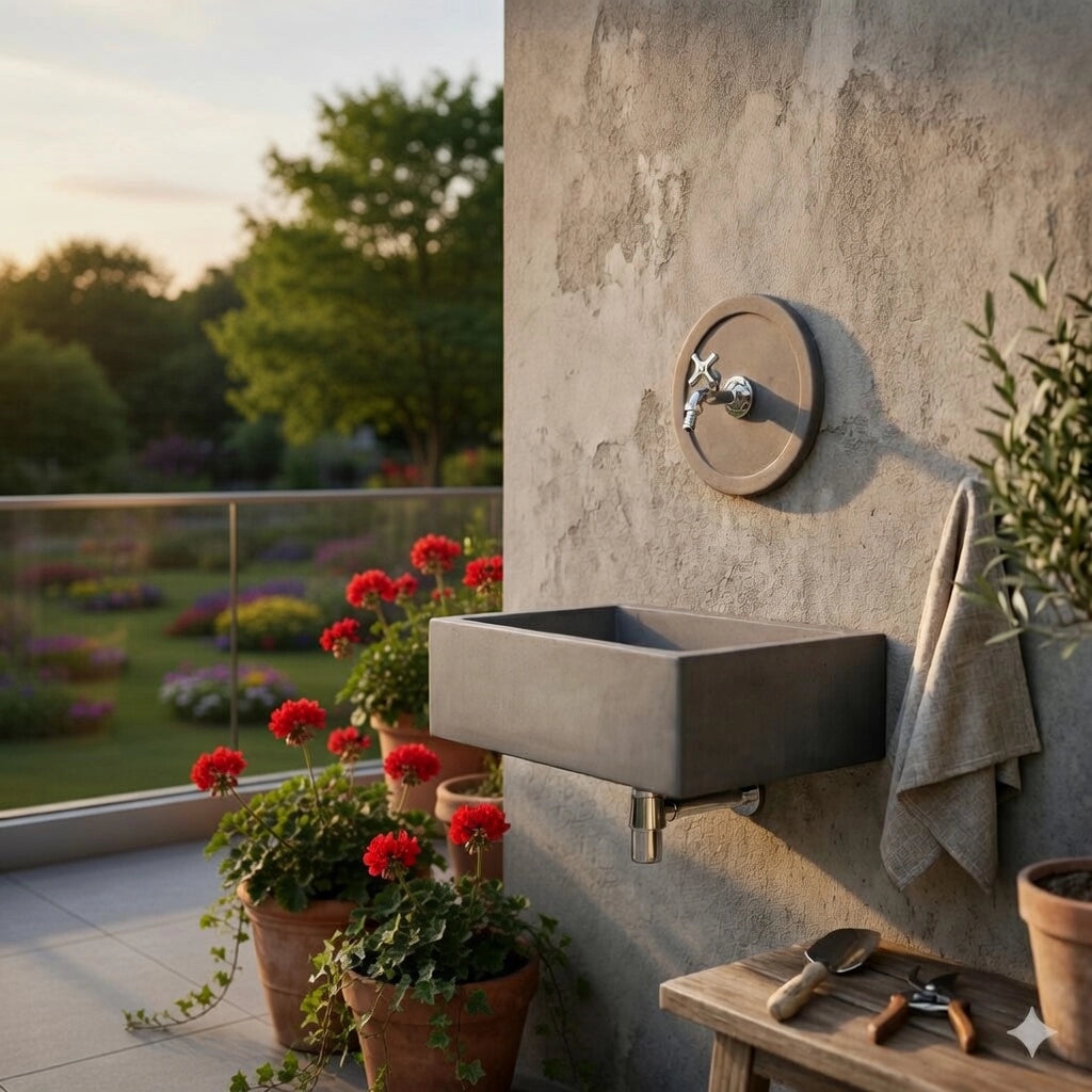 Lavello Rettangolare da Esterno 45x35 cm con Rosone Installazione a Muro in Cemento Madrid Antracite
