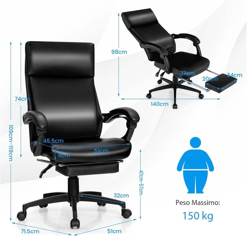 Sedia da Ufficio Girevole a 360°, Poltrona con Schienale Alto in Pelle Reclinabile, Altezza e Schienale Regolabile, Ergonomica Poggiatesta, Bracciolo e Poggiapiedi, Ruote, Portata 150 kg