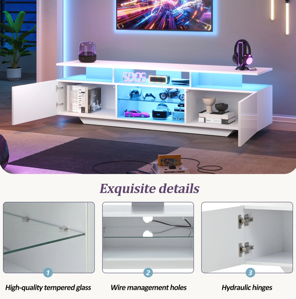Mobile TV 160x40x45 cm con 2 armadietti; LED da app; vetro temperato; MDF; bianco