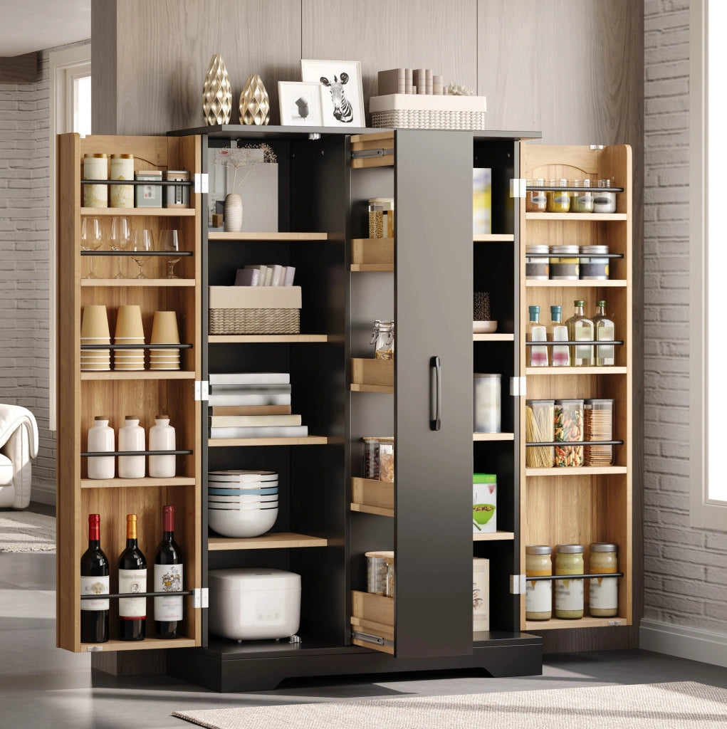 Credenza da cucina con portaspezie e cassetto estraibile a 4 livelli; MDF nero; 120 x 78 x 35 cm