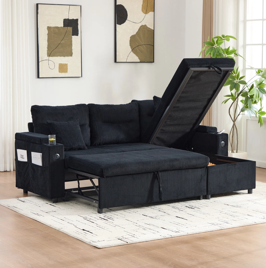 Divano 3 posti in tessuto corduroy nero con chaise longue idraulica; letto estraibile e USB-C
