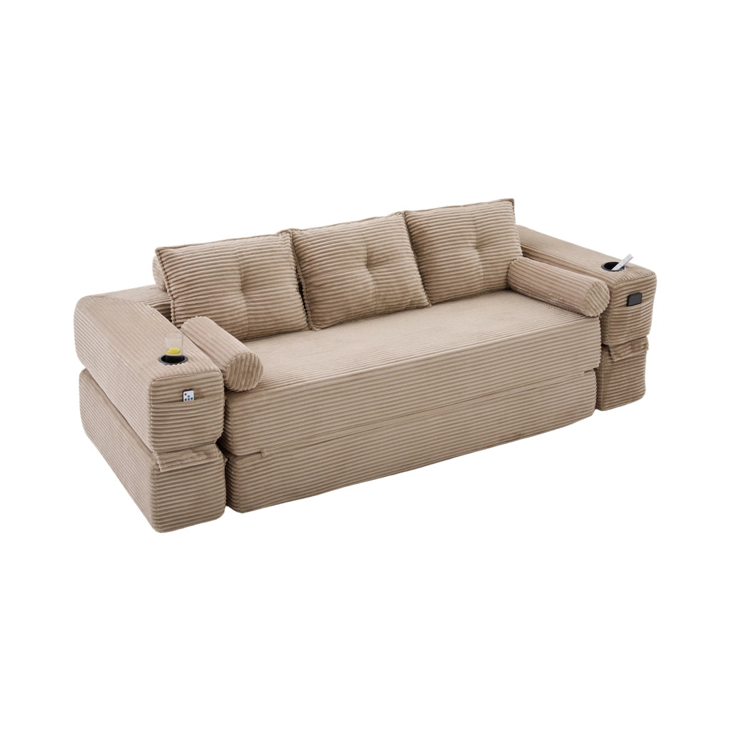 Divano letto modulare 3 posti con tasche laterali e portabicchieri in corda khaki 232×98×80cm