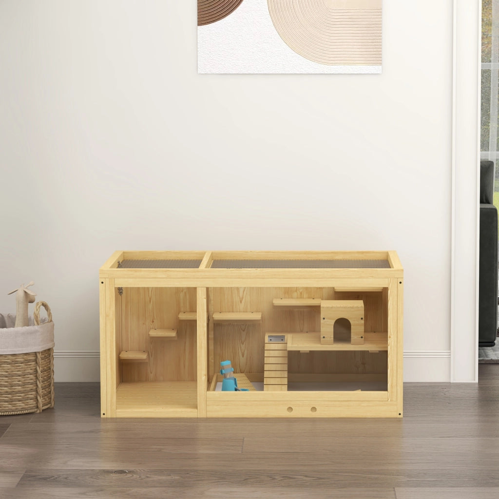 Tiragraffi per gatti in legno con due ambienti e piattaforme multiple per criceti e gerbilli legno naturale