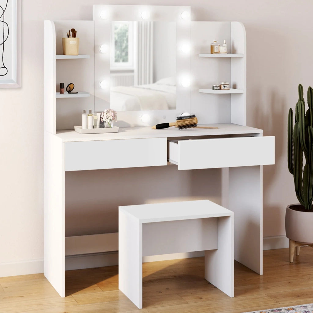 IDMarket - ZELIA tavolo da toilette bianco con 4 ripiani, specchio LED e sgabello