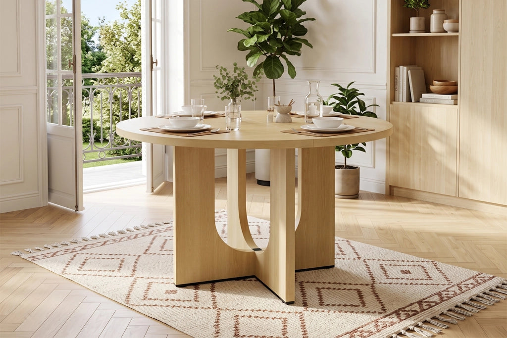 Tavolo da pranzo rotondo per 4-6 persone con design scandinavo in MDF colore rovere per interni diametro 120 cm