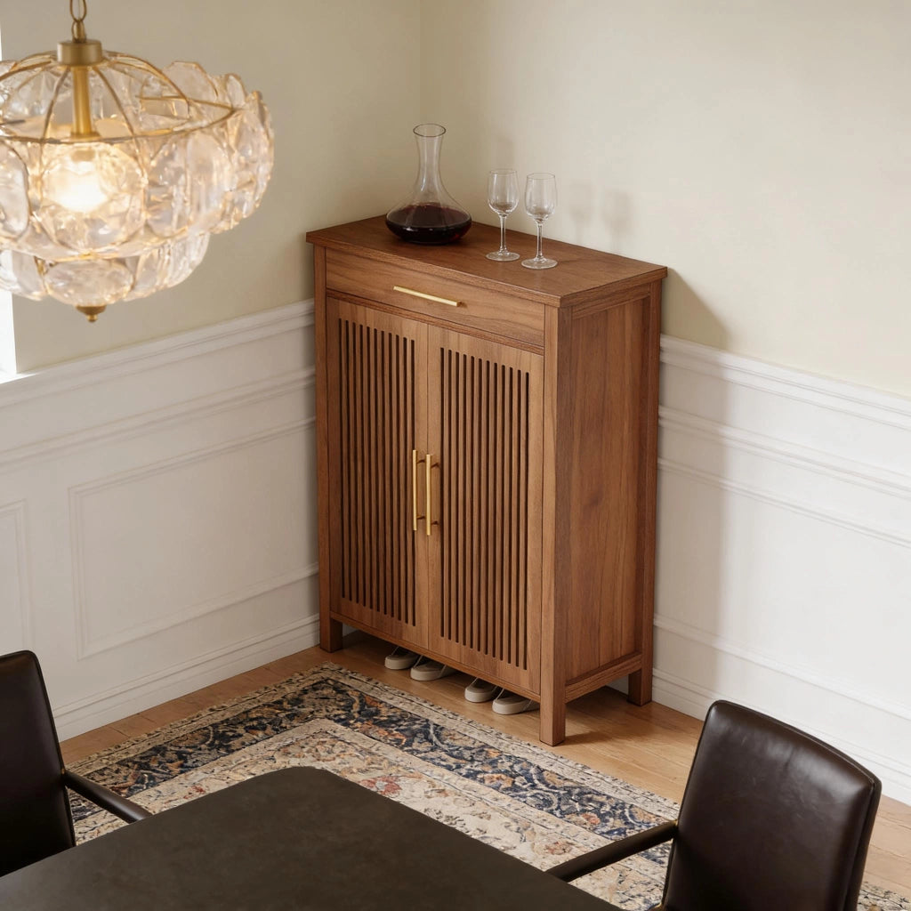 Scarpiera con 2 ante a lamelle, 1 cassetto e 5 ripiani, per ingresso, in MDF e metallo, marrone, 119,5 × 44 × 26 cm
