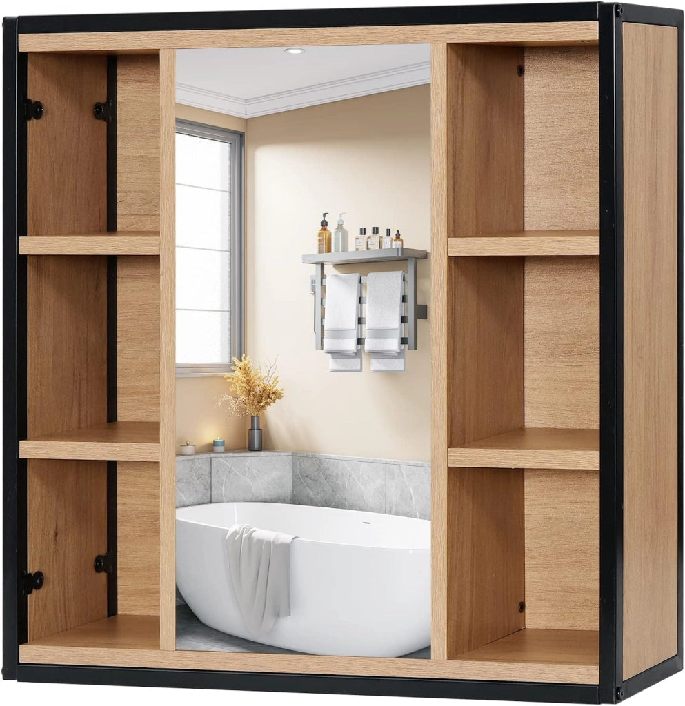 Mobile da Bagno Salvaspazio a 6 Scomparti Aperti, Pensile da Bagno Sospeso, Porta a Specchio, con Ripiani Regolabili Mobiletto, in Metallo e Truciolare 60x16x58cm