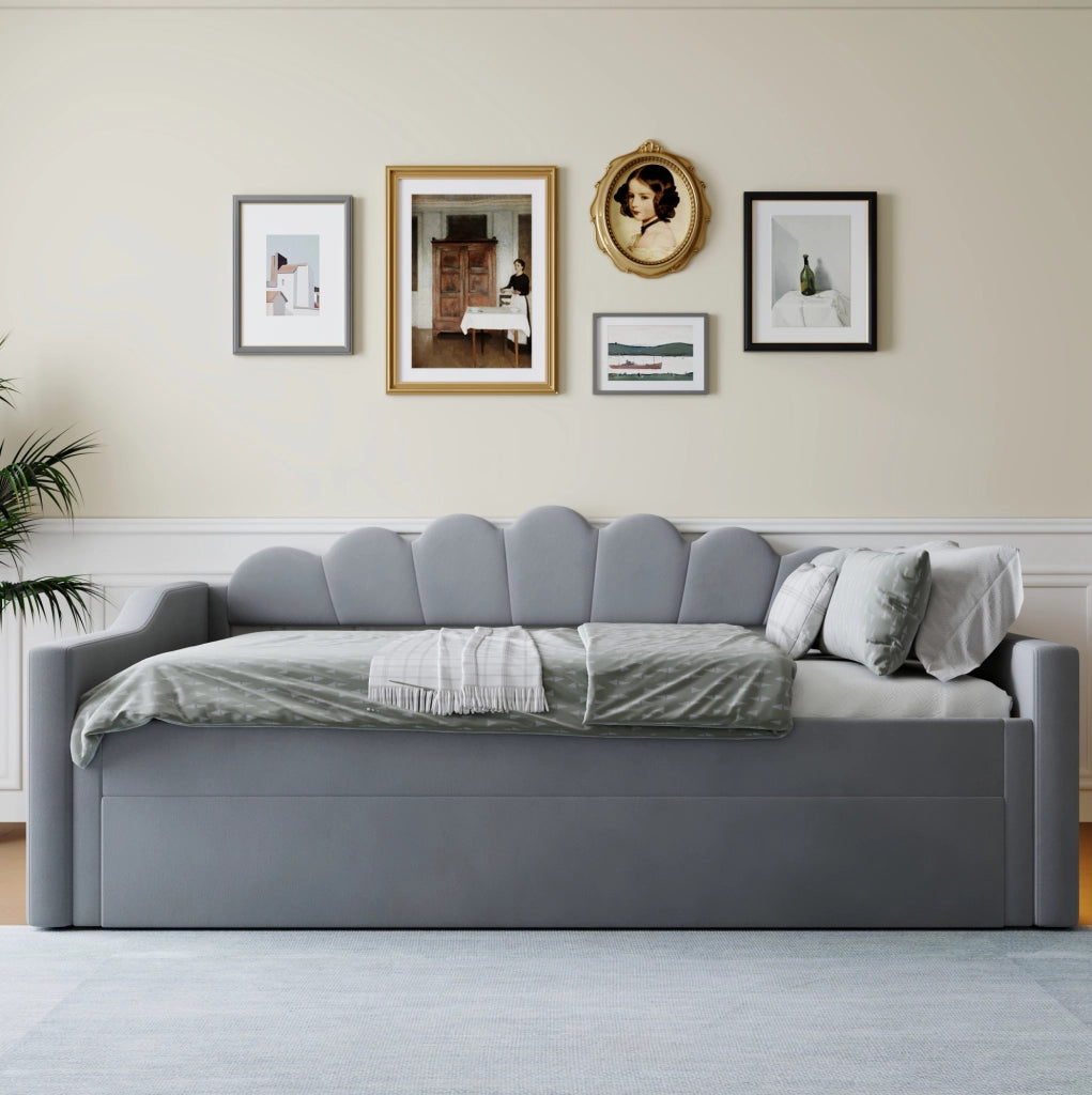 Letto imbottito 140x200 cm con LED e letto estraibile in MDF e compensato grigio