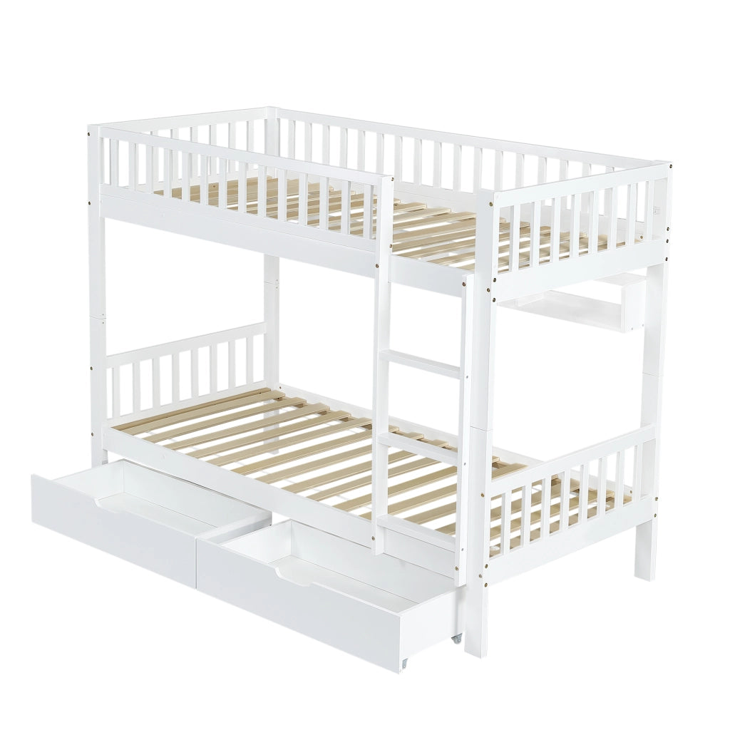 Letto a soppalco per bambini - Zephmum- 3 piani, scala, griglia di sicurezza, ripiani, cassetti, bianco, 90x200cm