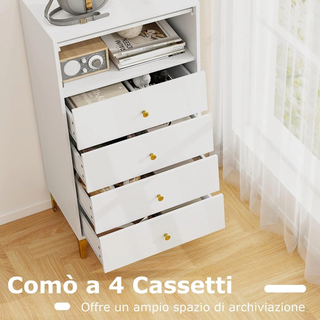 Cassettiera Camera da Letto con 4 Cassetti, Comodino Salvaspazio con Scomparto con Vetrina Ribaltabile, Mobile per Soggiorno Ingeresso e Studio, 60 x 40 x 112,5 cm, Bianco