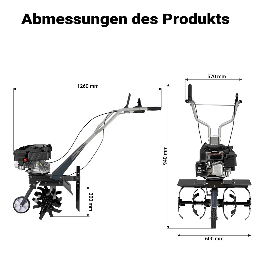 Motozappa a scoppio, fresa a scoppio, larghezza di lavoro 60 cm, profondità di lavoro 25 cm, motore a benzina a 4 tempi, 2,5 kW, 144cc , 6 set di lame