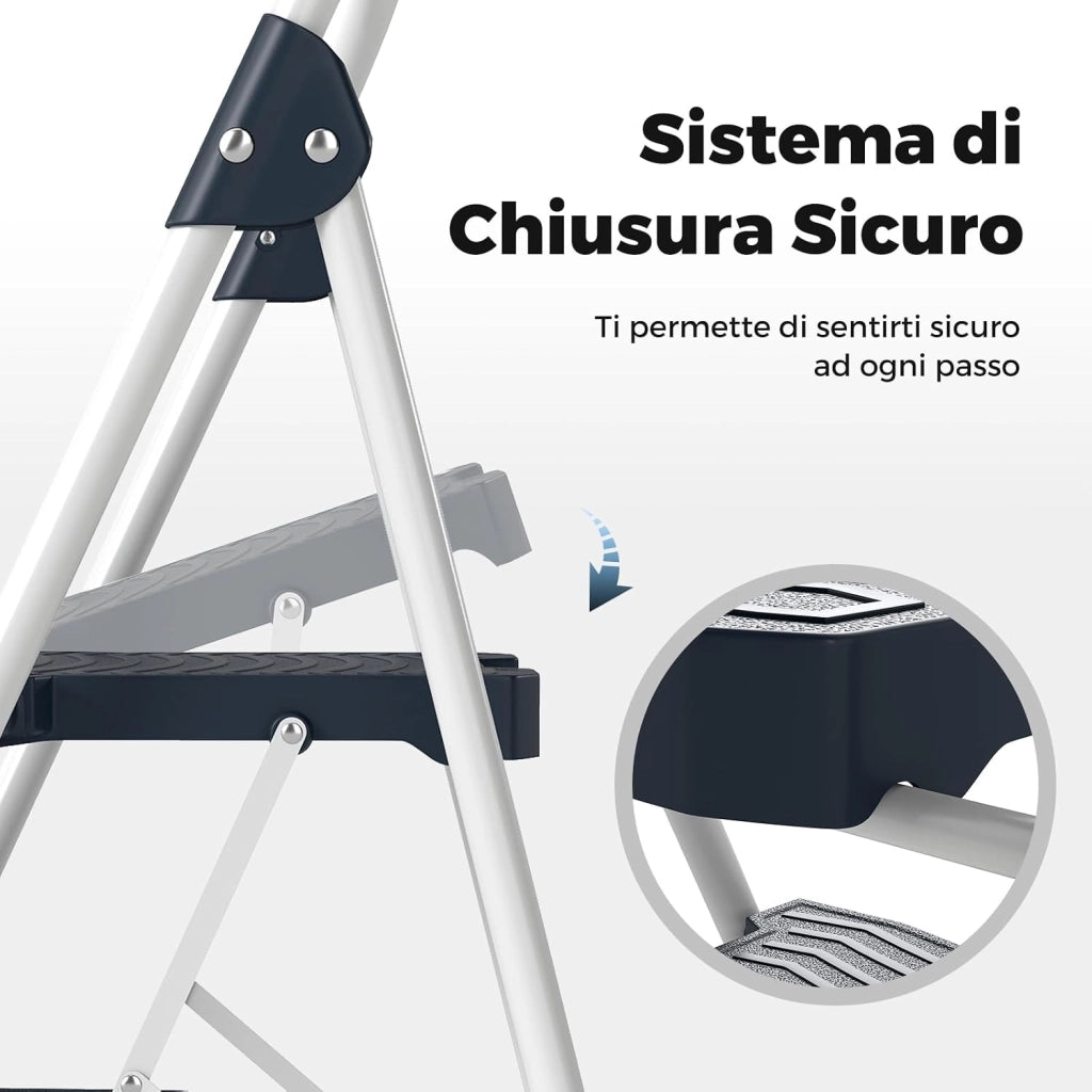 Scala a 3 Gradini, Scaletta Pieghevole in Acciaio con Corrimano Imbottito, Pedale Antiscivolo e Blocco di Sicurezza, per Cucina, Giardino e Ufficio, Portata 360 kg (Blu + Bianco)