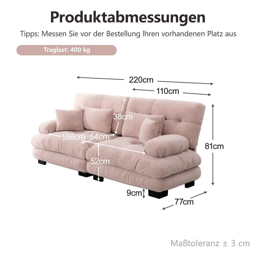 Divano angolare 220x77x81 cm con seduta cloud; cuscini lombari; chenille; rosa