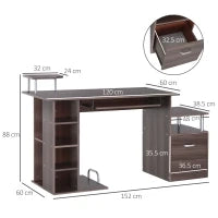 Scrivania per Computer Moderna con Cassetti, Ripiani e Tastiera Estraibile, Scrivania da Ufficio per Casa in Legno Marrone 152x60x88cm