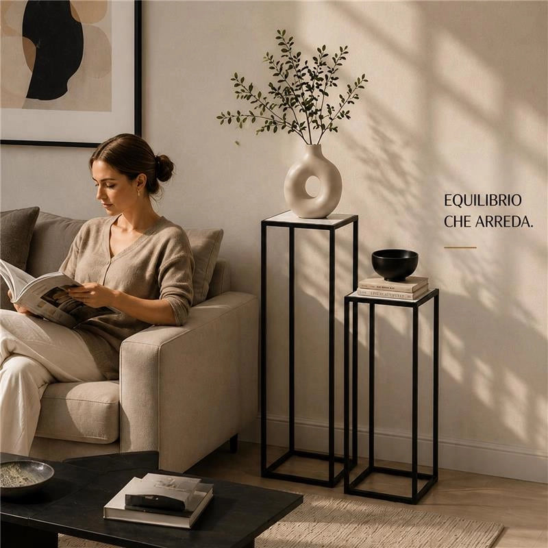 2 COLONNINE IN METALLO MISURE 23X60CM E 27X70CM CON TOP IN MDF SIMIL MARMO
