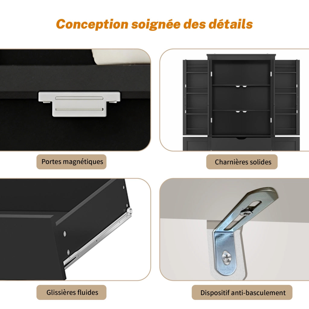 Credenza Alta da Cucina con 2 Ante; 1 Cassetto Interno e Ripiani; per Cucina e Sala da Pranzo; in MDF; 75 x 40 x 182 cm; Nero