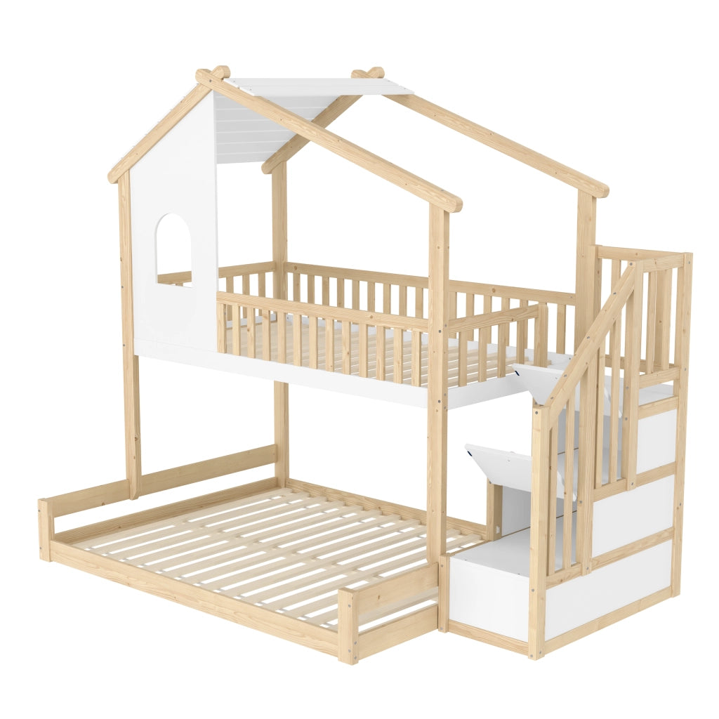 OKWISH Letto a Castello 90×200 cm e 140×200 cm, Letto 3 Posti con Scala Contenitore, Finestra e Sponde, senza Materasso, Naturale e Bianco