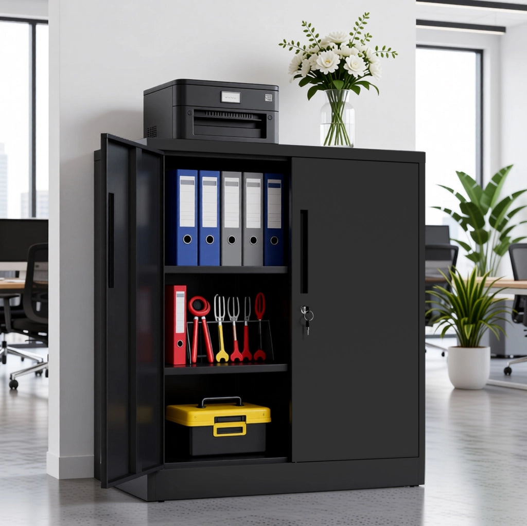 ARMADIO Contenitore 90 x 80 x 40 cm in Metallo Nero con 2 Ante e 2 Ripiani Regolabili