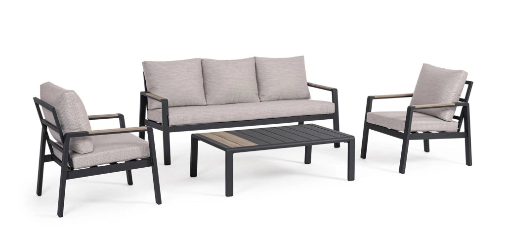 Set 4 Pezzi Salotto da Giardino con Divano 2 Poltrone e Tavolino in Alluminio e Polywood Elna Antracite