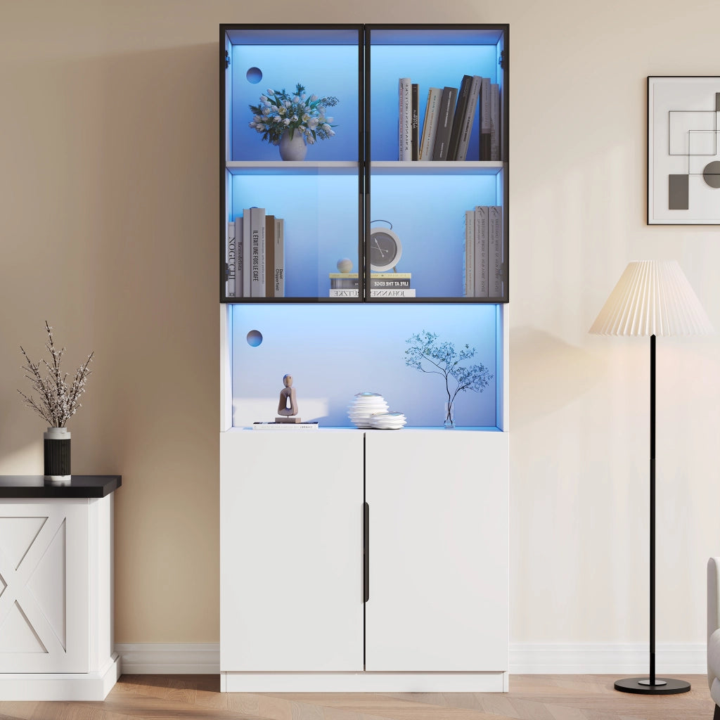 Vetrina con ante in vetro e LED, 1 ripiano regolabile e vano aperto, per soggiorno, bianco, 80 × 30 × 200 cm