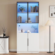 Vetrina con ante in vetro e LED, 1 ripiano regolabile e vano aperto, per soggiorno, bianco, 80 × 30 × 200 cm