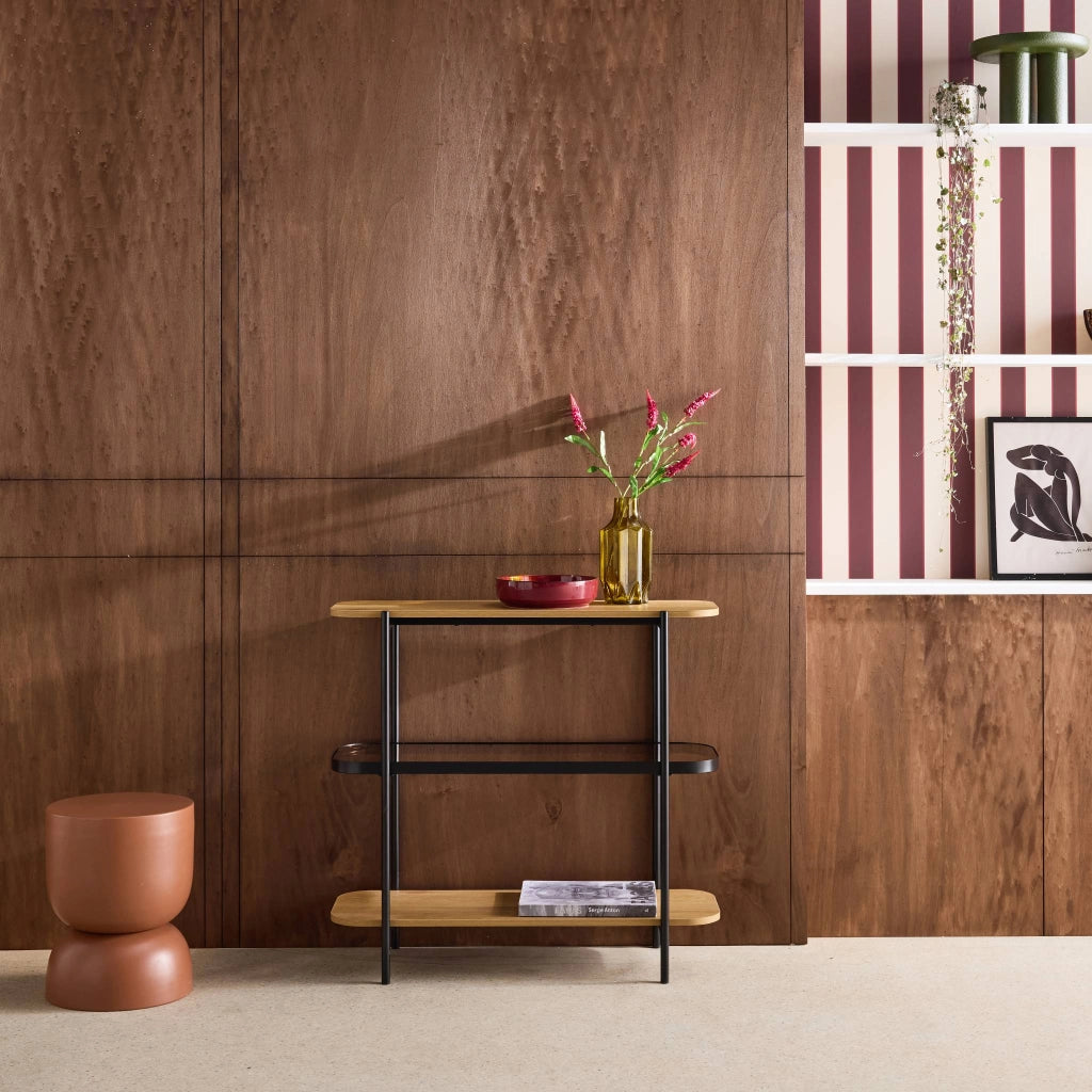 Libreria in vetro, legno e metallo a 3 livelli, marrone naturale