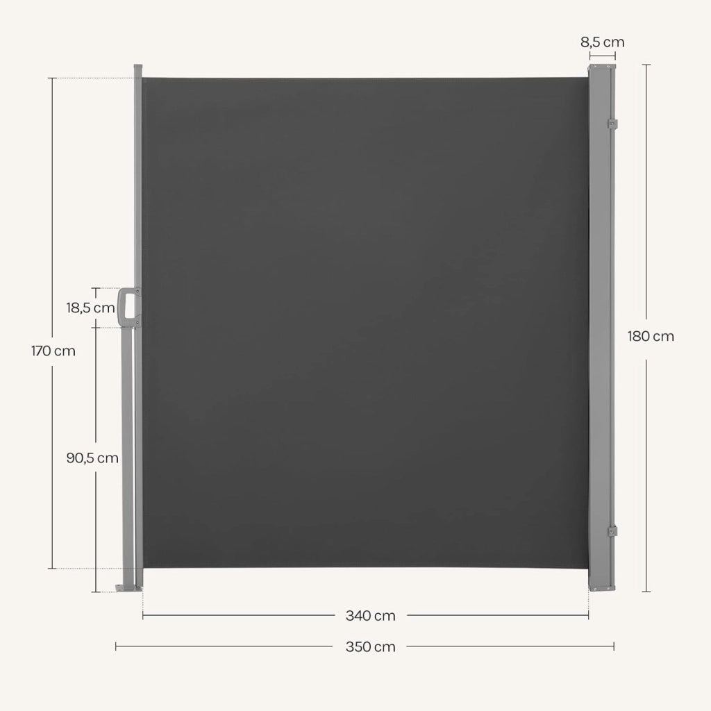Paravento Esterno, Tenda Laterale Retrattile, 180x350 cm, Frangivista, Protezione Solare & Antivento, per Giardino, Balcone, Terrazza, Patio, Antracite
