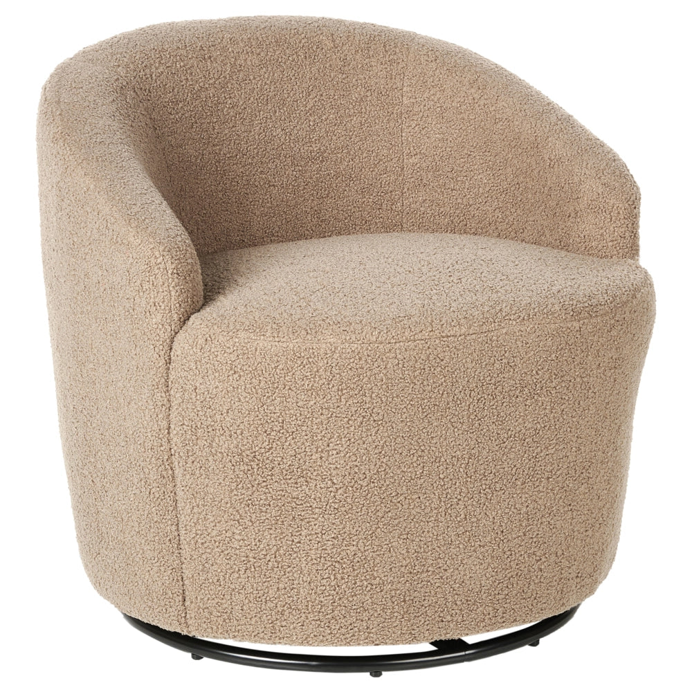 Poltrona con schienale curvo in tessuto bouclé tortora base girevole 360° Art Deco dorato