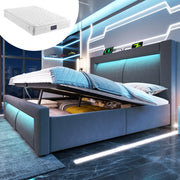 Letto contenitore matrimoniale 140 × 200 cm con LED regolabile, USB, Type-C e materasso, velluto grigio