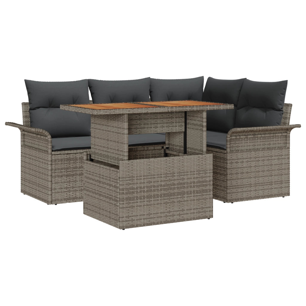 Set di Divani da Giardino a 5 Pezzi con Cuscini Grigio Polirattan