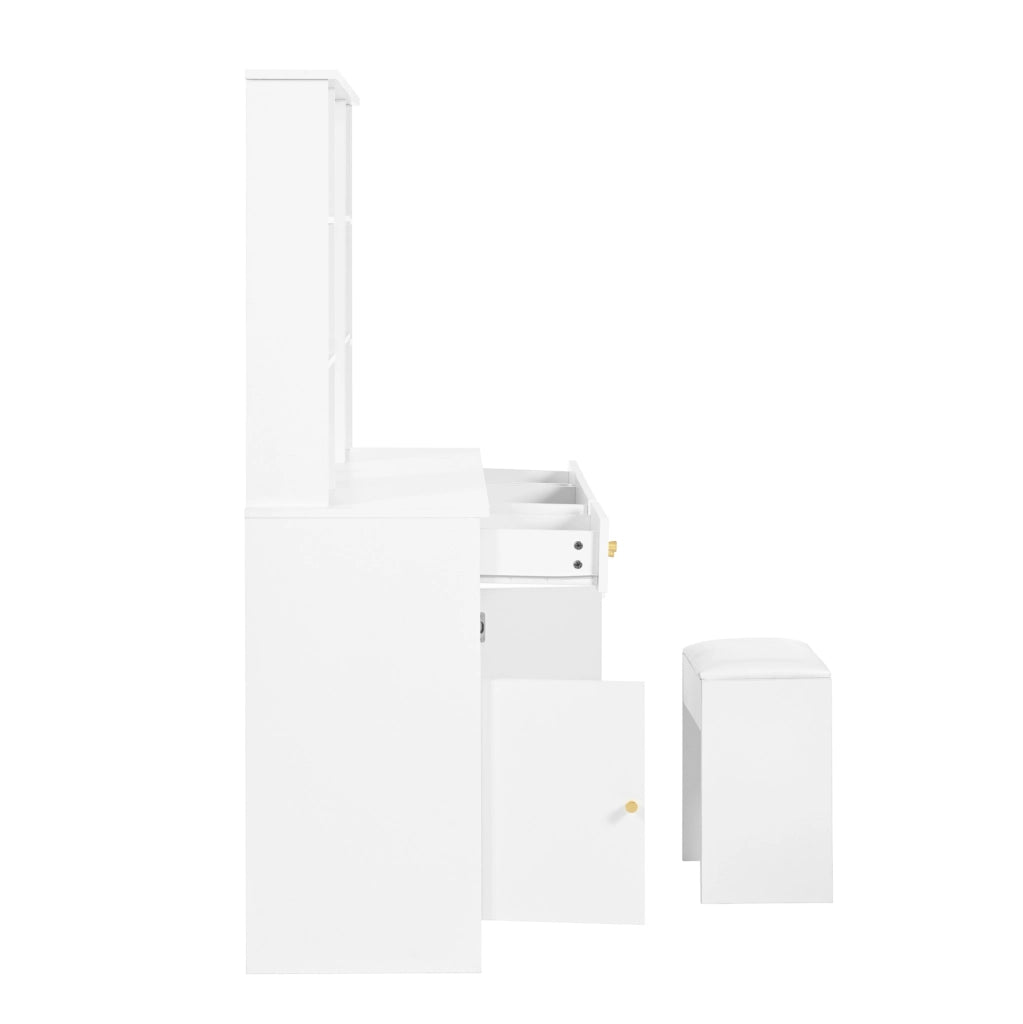Tavolo da trucco bianco con specchio LED regolabile; 3 cassetti e 2 ante; 110x40x151 cm