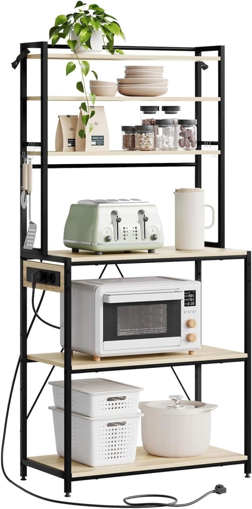 Scaffale da Cucina a 6 Livelli con Prese di Corrente, Scaffale per Microonde con Struttura in Metallo e Piano di Lavoro Aperto, Nero+Marrone Rustico, 60x39,5x167cm