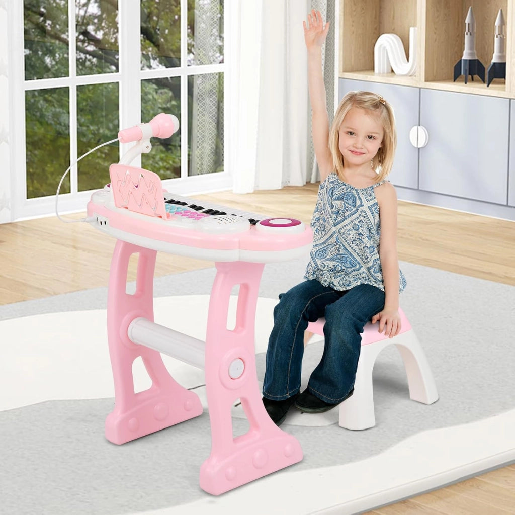 Pianoforte per Bambini con 37 Tasti, Pianola per Bambina con Effetti Luminosi e Microfono Regolabile, Tastiera Musicale Bambini con Sgabello, 8 Ritmi/Suoni per Bambini 3+ Anni (Rosa)