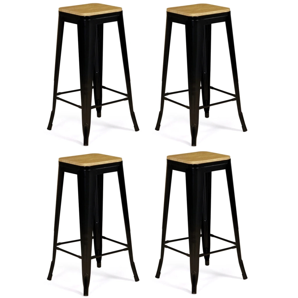 IDMarket - Set di 4 sgabelli da bar LENY in metallo nero opaco impilabili con sedile in legno