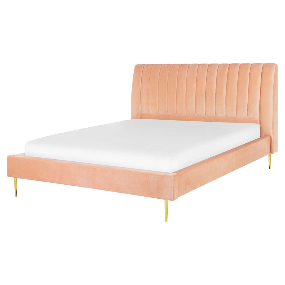 Letto imbottito velluto pesca e oro rete a doghe testiera alta 160 x 200 cm testata alta design retrò