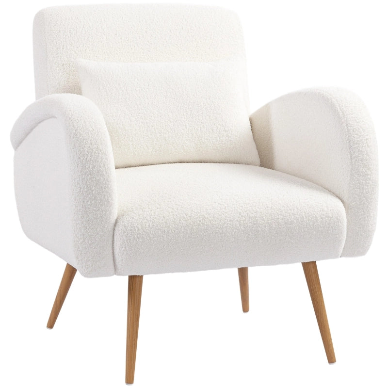 Poltrona in pile con cuscino lombare e gambe in metallo effetto legno schienale largo da lettura bianco crema