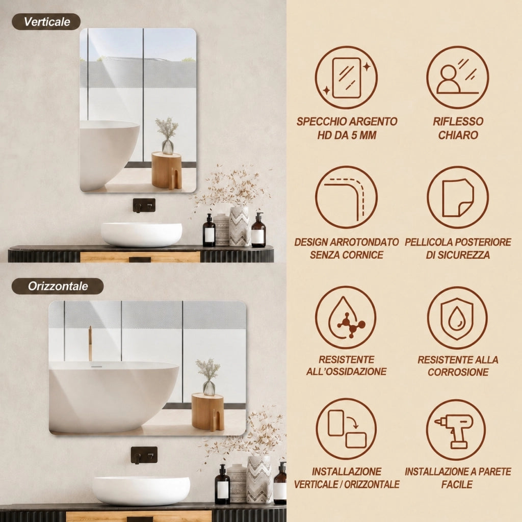 Specchio da Bagno 90x70 cm Senza Cornice; Angoli Arrotondati; Vetro Argento HD 5 mm; Argento
