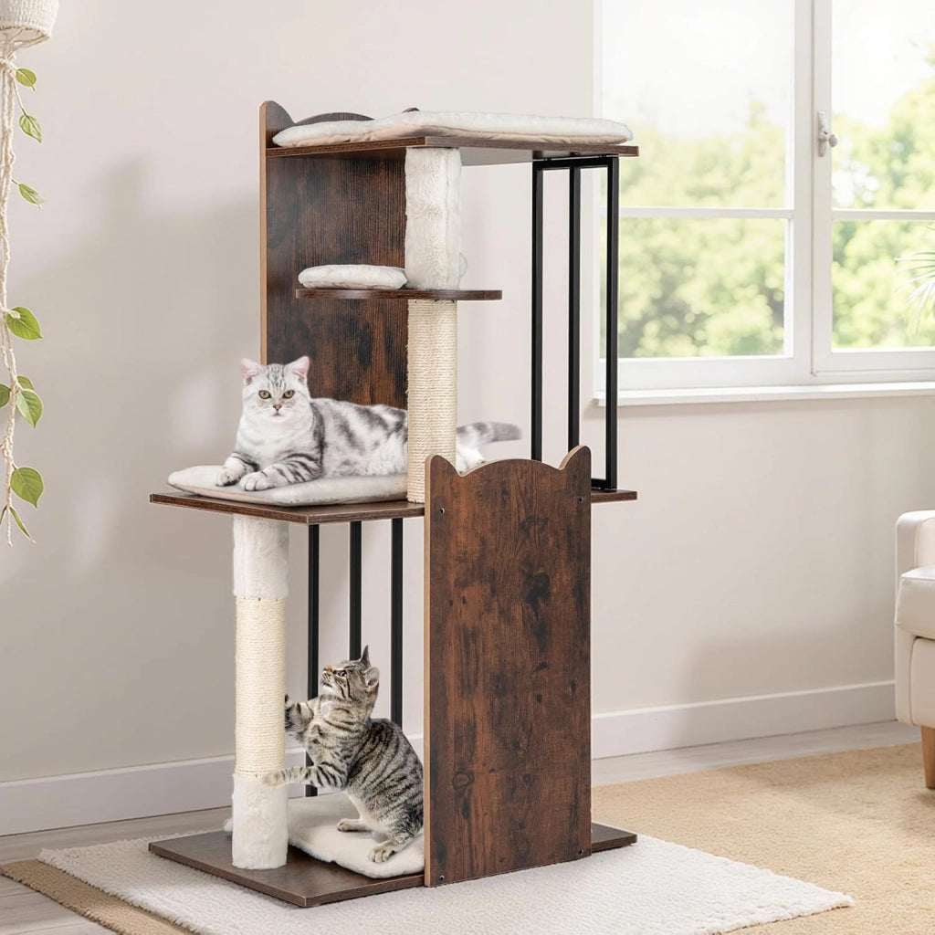Albero per Gatti Alto 112 cm, Tiragraffi per Gatti in Legno con Posti a Grattare in Sisal, Palline Appese, Cuscini Morbidi Rimovibili e Lavabili, Tiragraffi Gatto per Arrampicata