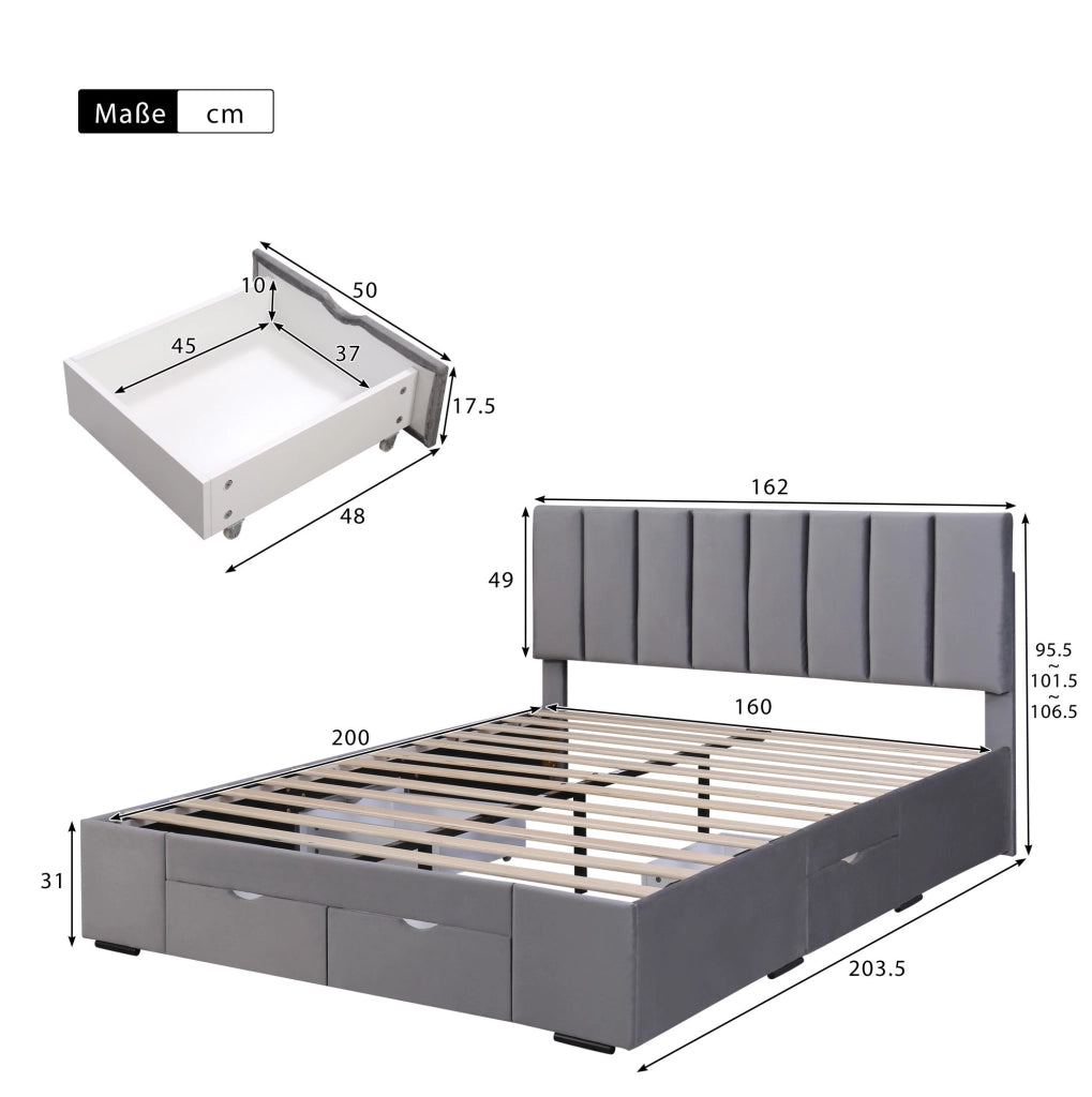 Letto imbottito 160x200 cm in velluto grigio con rete a doghe e 4 cassetti