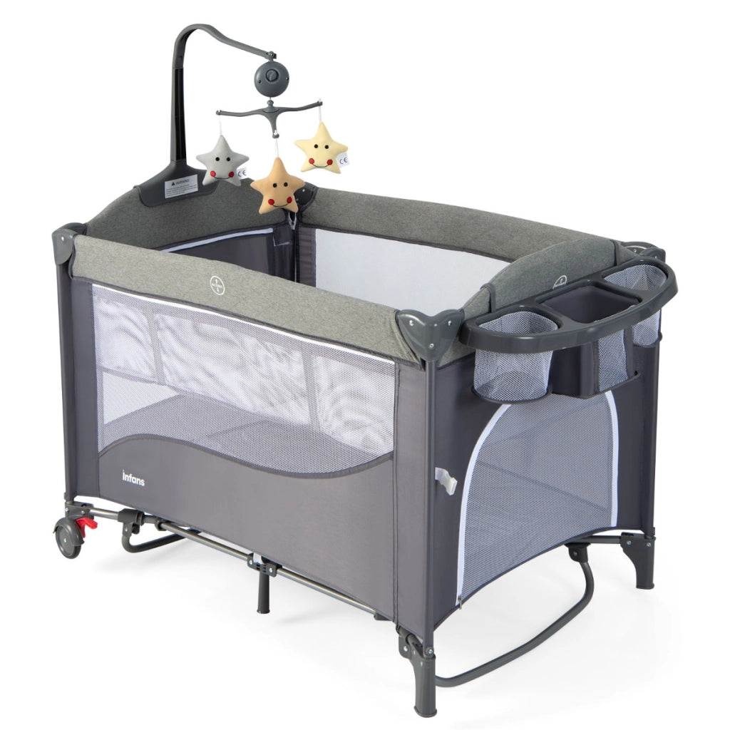 Culla 5-in-1 con materasso cambio pannolini carillon e giocattoli appesi, Dondolo portatile per neonati Blu scuro