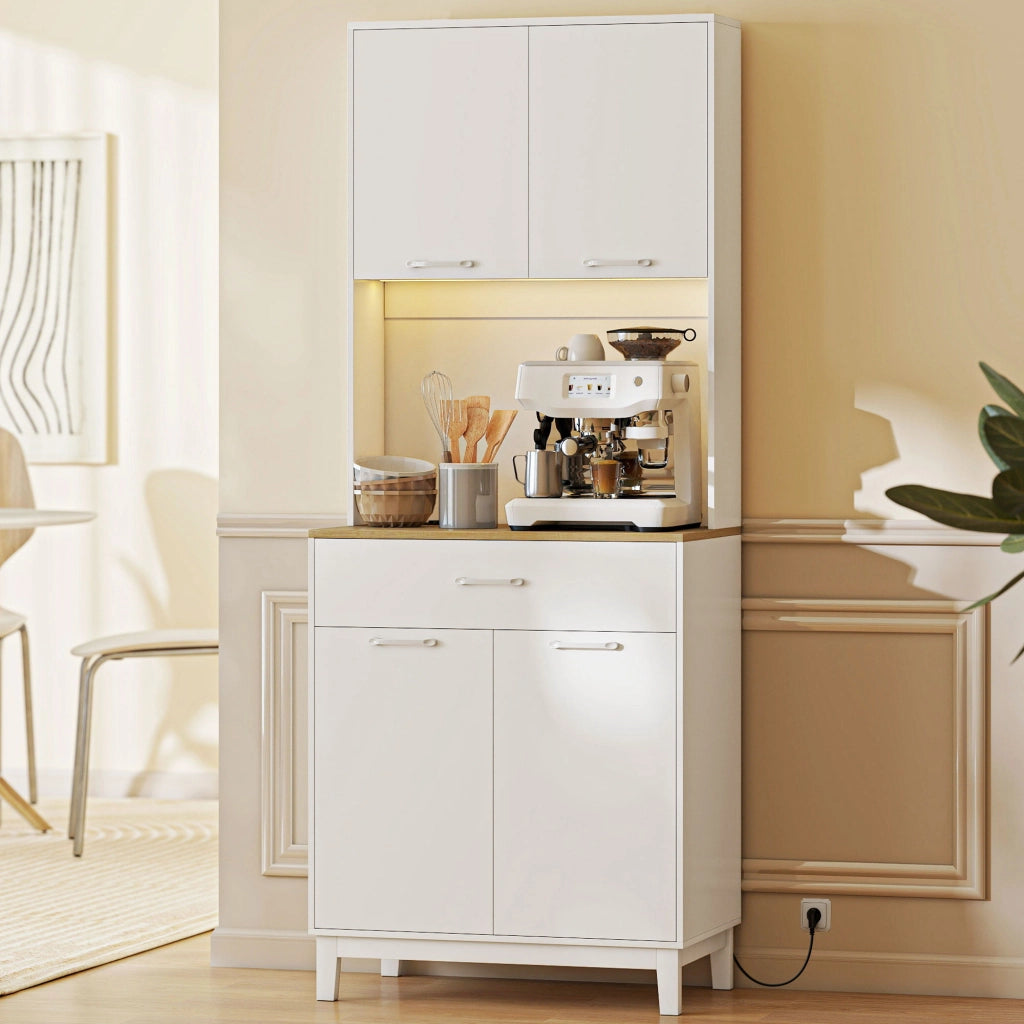 Credenza Moderna con Luci LED, Prese Elettriche e USB, 2 Armadietti e Cassetto, 71x40x180 cm, Bianco
