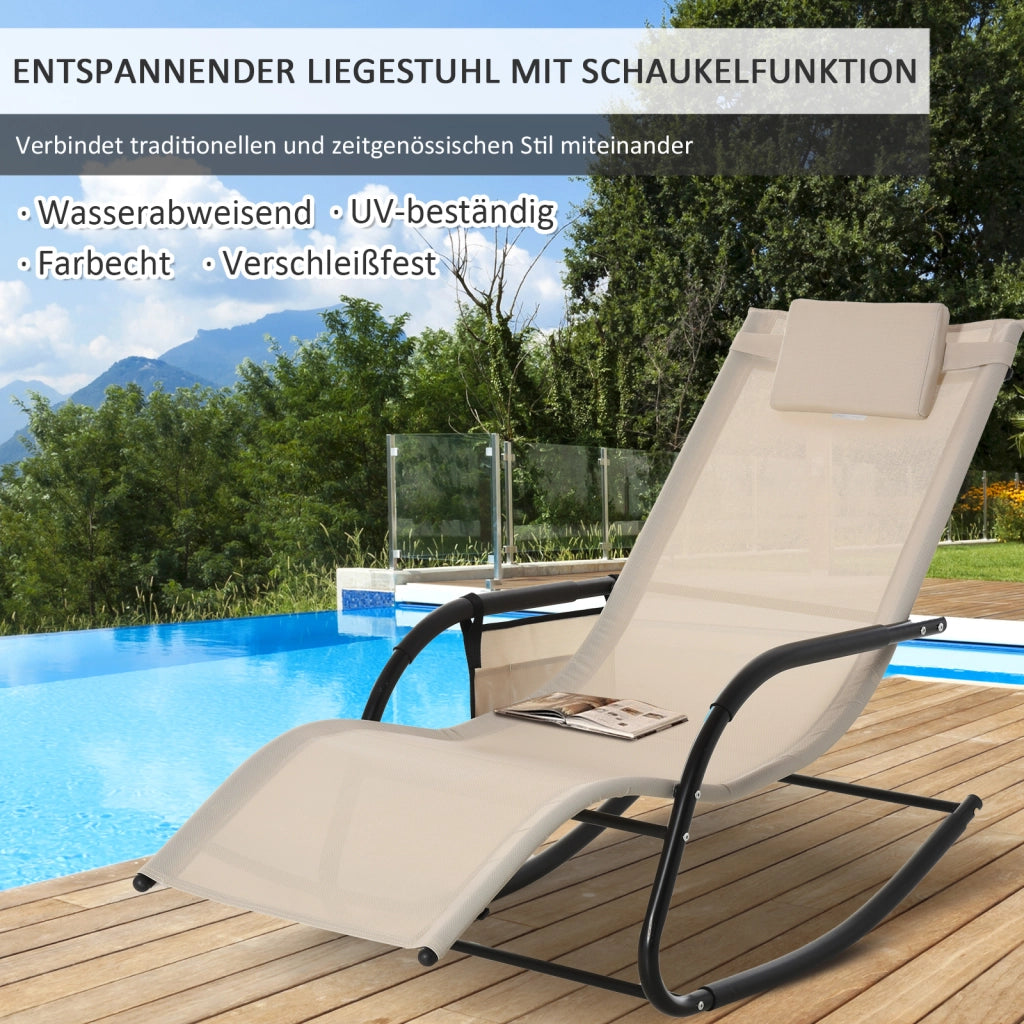 Sedia a dondolo con schienale imbottito in metallo beige, tasca laterale e cuscino, 88 × 62 × 150 cm