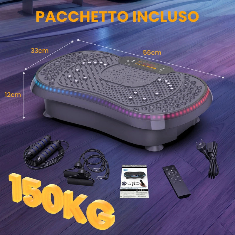 Pedana Vibrante per Fitness Domestico | 200 Livelli, 5 Programmi | Bluetooth | Stabile e Silenziosa | Bande di Resistenza | Max 150 kg