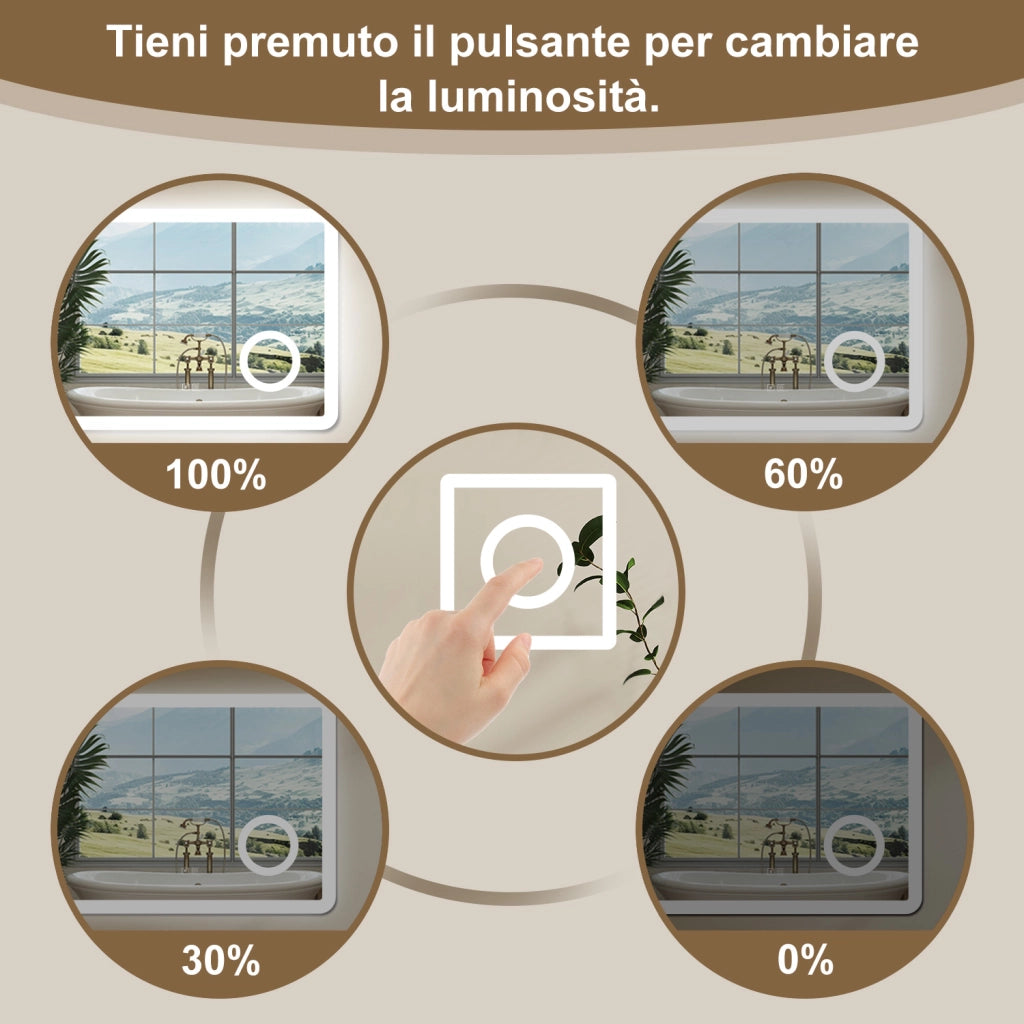 Aica 80x60cm Specchio da bagno Bluetooth antiappannamento, 3 colori dimmerabili, lente d'ingrandimento 3X