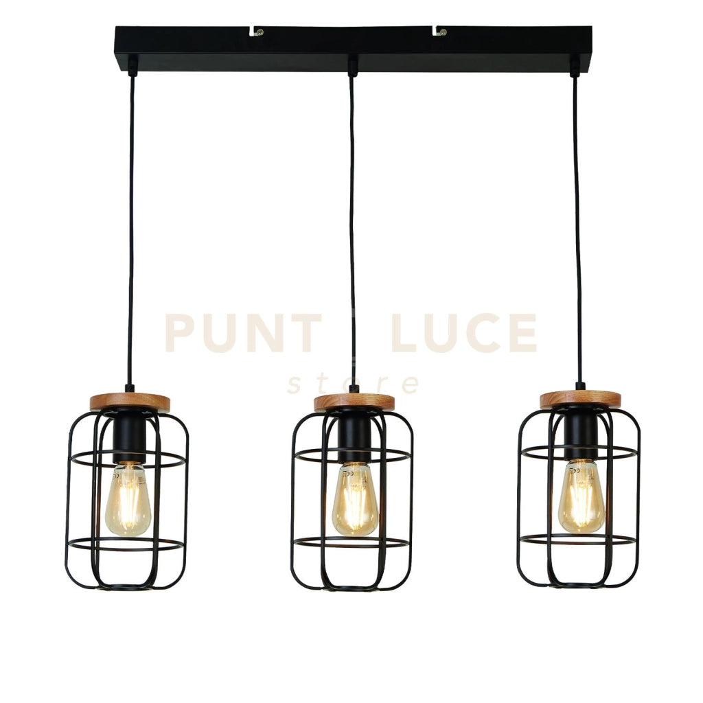 Vision 3Lt Bar Pendant - Metallo nero opaco e legno